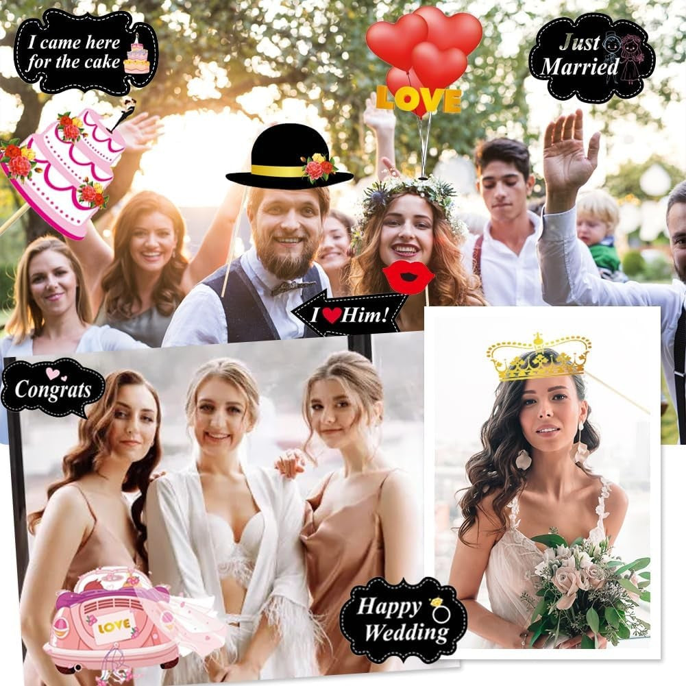 Set 60 de Accesorii pentru Petrecere, Flippy, Tematica Nunta, Props pentru Coltul de Poze, Ochelari, Palarii, Mustata,