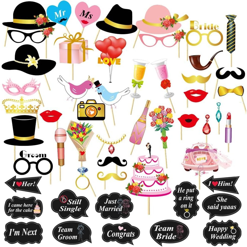 Set 60 de Accesorii pentru Petrecere, Flippy, Tematica Nunta, Props pentru Coltul de Poze, Ochelari, Palarii, Mustata,