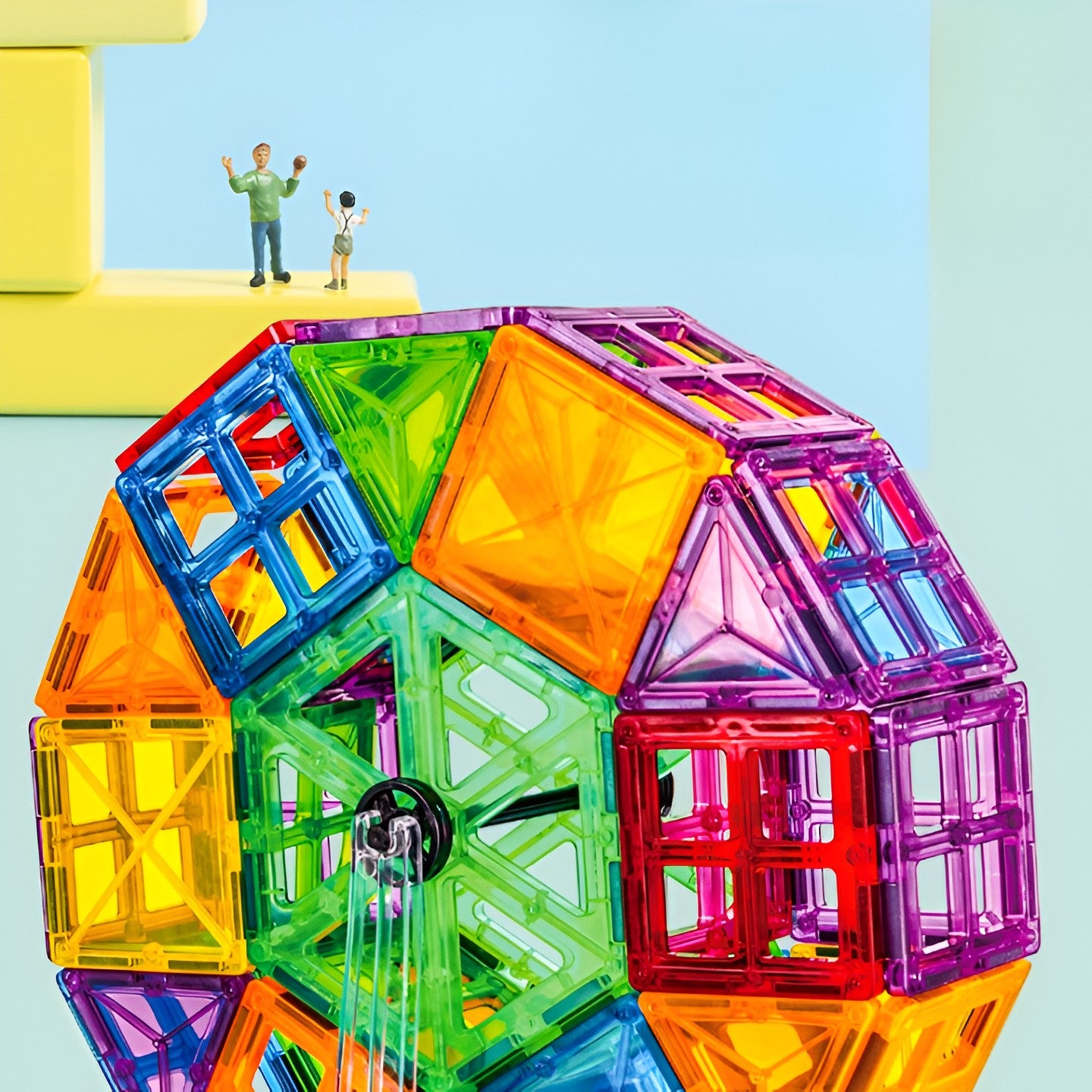 Set 60 de Piese Magnetice de Constructie, Flippy, Magnetic Tiles, Piese Mari, Forme Geometrice, 3 Ani, ABS, Magnet,