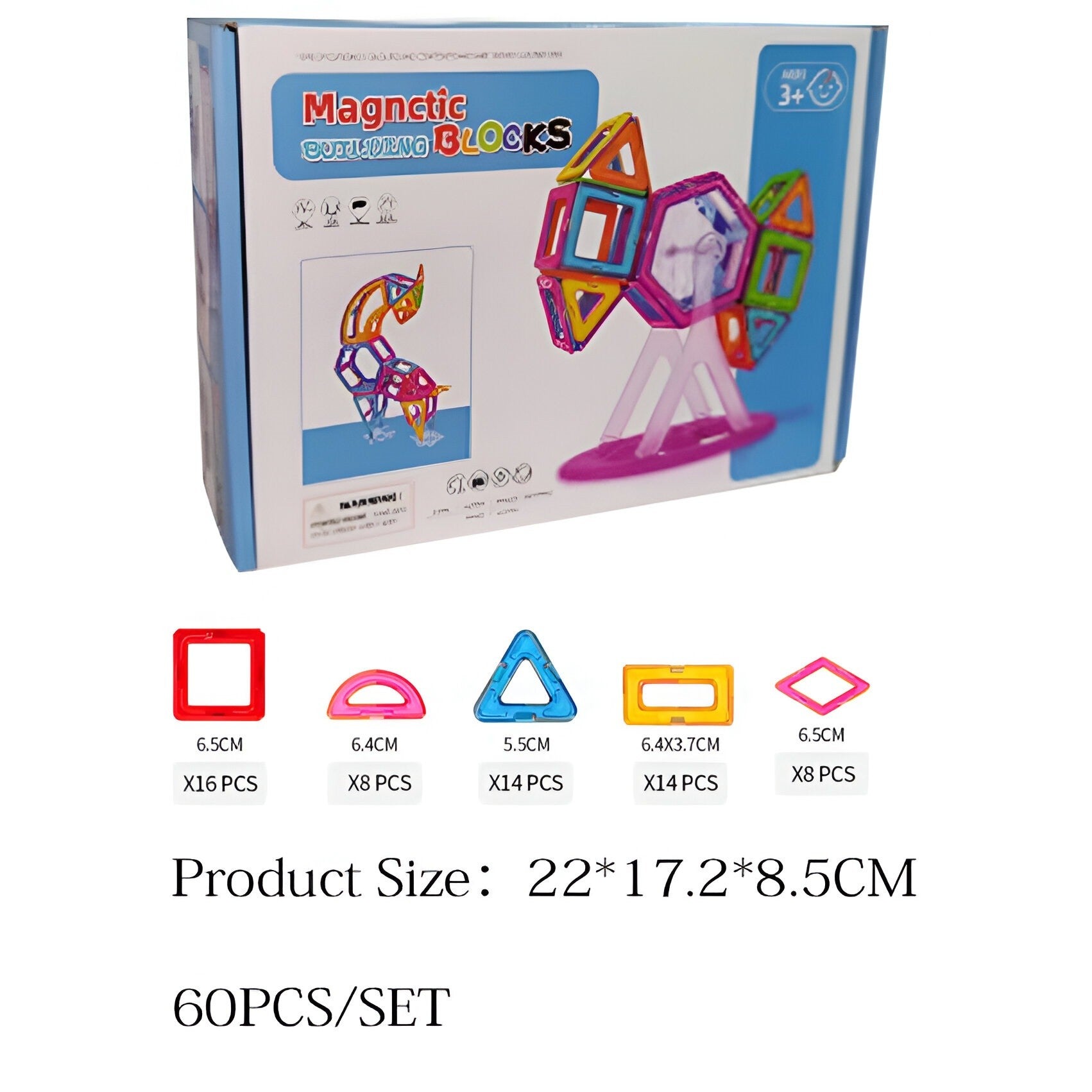 Set 60 Piese Magnetice de Constructie, Flippy, Piese Mari, Magnetic Blocks, Forme Geometrice, 3 Ani, ABS, Magnet, 22 x