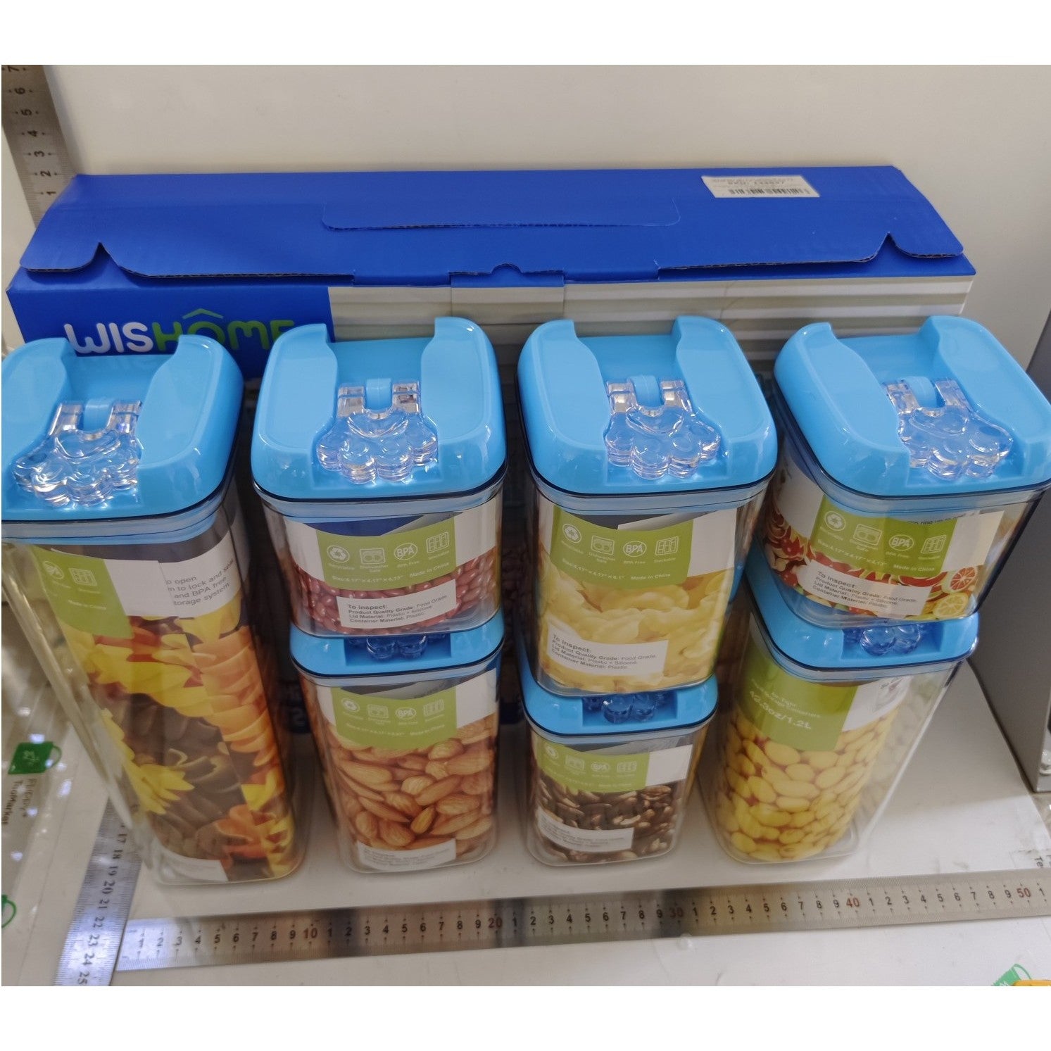 Set 7 Cutii de Depozitare Alimente, Flippy, 2 x 500ml, 2 x 800ml, 2 x 1200ml, 1 x 1900 ml, Capac Albastru, din PP+PET,