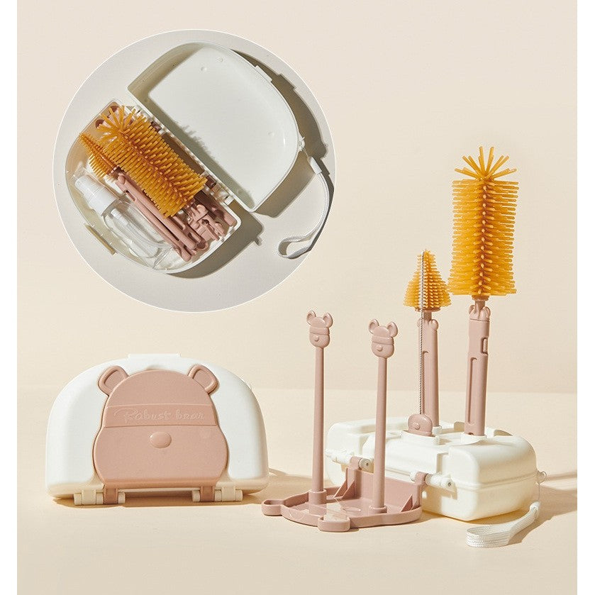Set 7 Piese de Spalat/Uscat Biberoane, Flippy, Portabil, Peri de Silicon, pentru Tetine, Suzete, Biberoane, Paie, Cutie