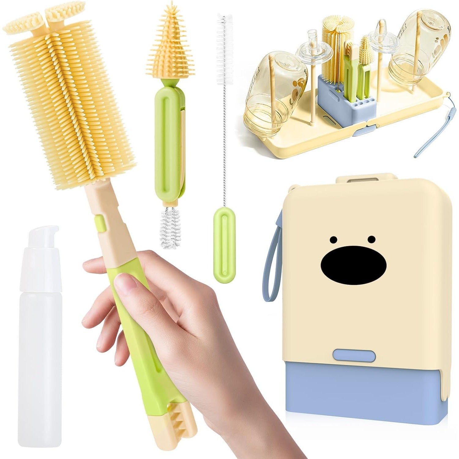 Set 7 Piese de Spalat/Uscat Biberoane, Flippy, Portabil, Peri de Silicon, pentru Tetine, Suzete, Biberoane, Paie, Cutie