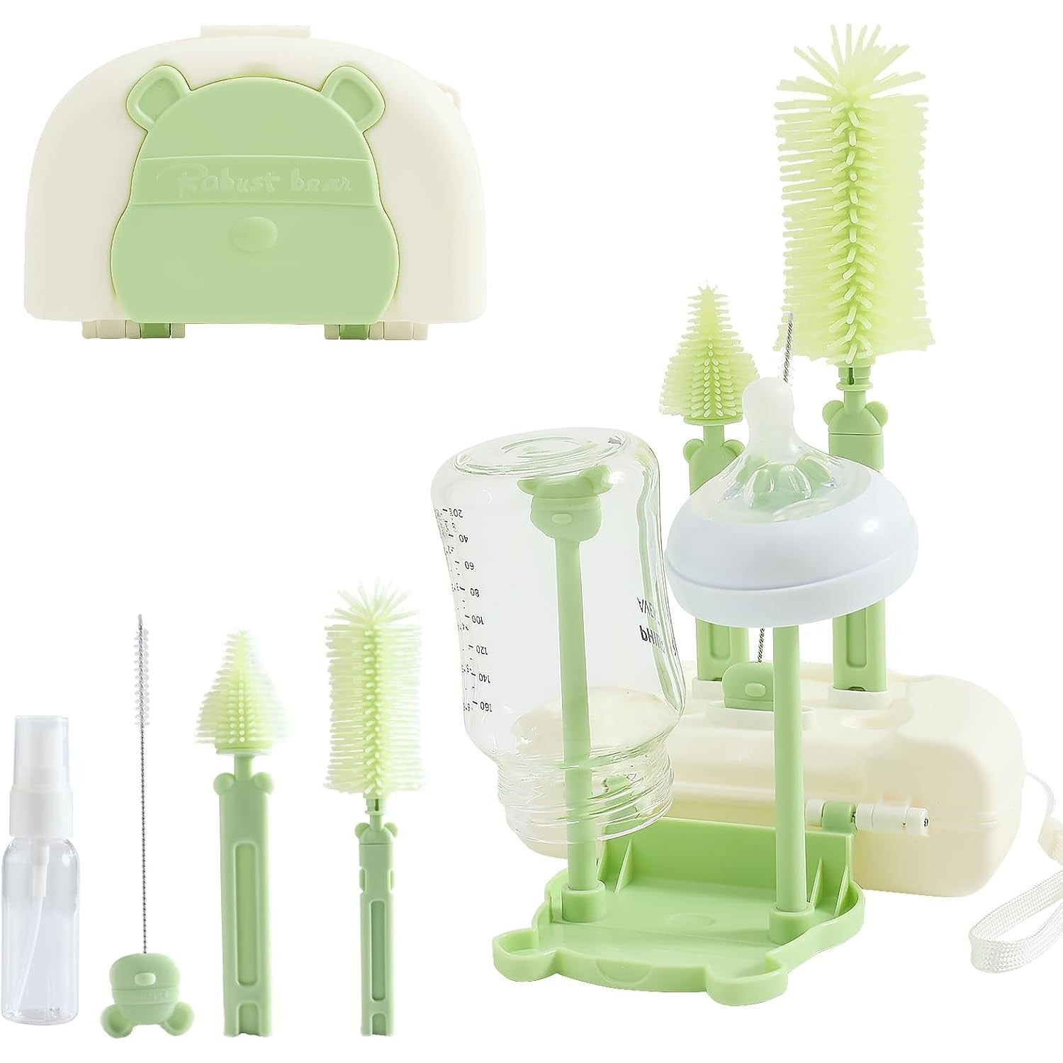 Set 7 Piese de Spalat/Uscat Biberoane, Flippy, Portabil, Peri de Silicon, pentru Tetine, Suzete, Biberoane, Paie, Cutie