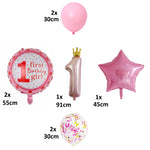 Set 8 Baloane din Folie Metalizată si din Latex, Flippy, Figurine Cifra 1 Printesa 91cm, Stea 45 cm si Cerc 55 cm,