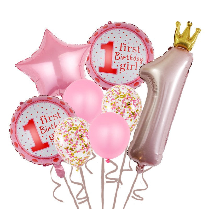 Set 8 Baloane din Folie Metalizată si din Latex, Flippy, Figurine Cifra 1 Printesa 91cm, Stea 45 cm si Cerc 55 cm,