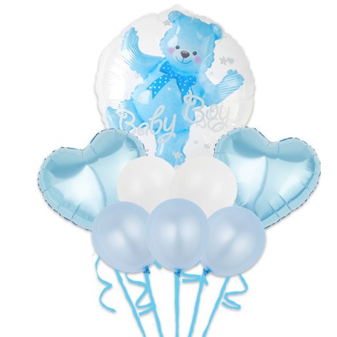 Set Baloane Aniversare, Flippy, set din 8 bucati, 1 bucata urs, 2 inimi folie, 5 simple din latex Baby Boy, 60 cm