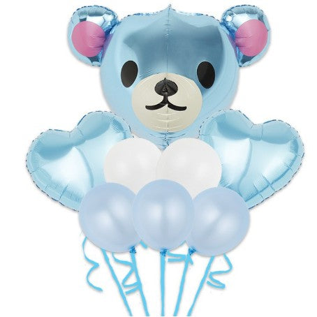 Set Baloane Aniversare, Flippy, set din 8 bucati, 1 bucata urs mare, 2 inimi folie, 5 simple din latex Baby Boy, 60 cm