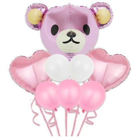 Set Baloane Aniversare, Flippy, set din 8 bucati, 1 bucata urs mare, 2 inimi folie,5 simple din latex Baby Girl, 60 cm