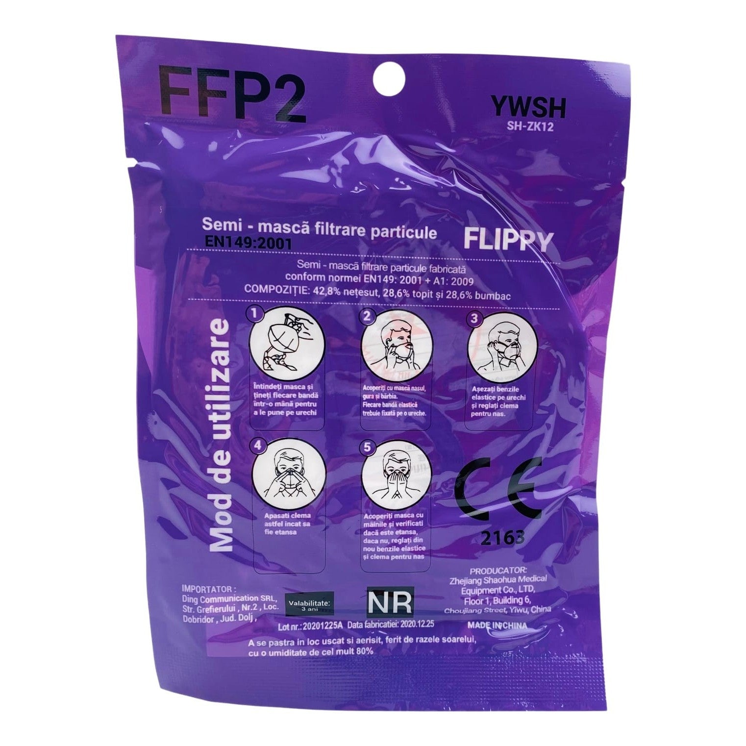 Set 8 bucati Masca de protectie faciala, Flippy®️, de unica folosinta, FFP2 CE 2163, 5 straturi, nesterila, ambalaj