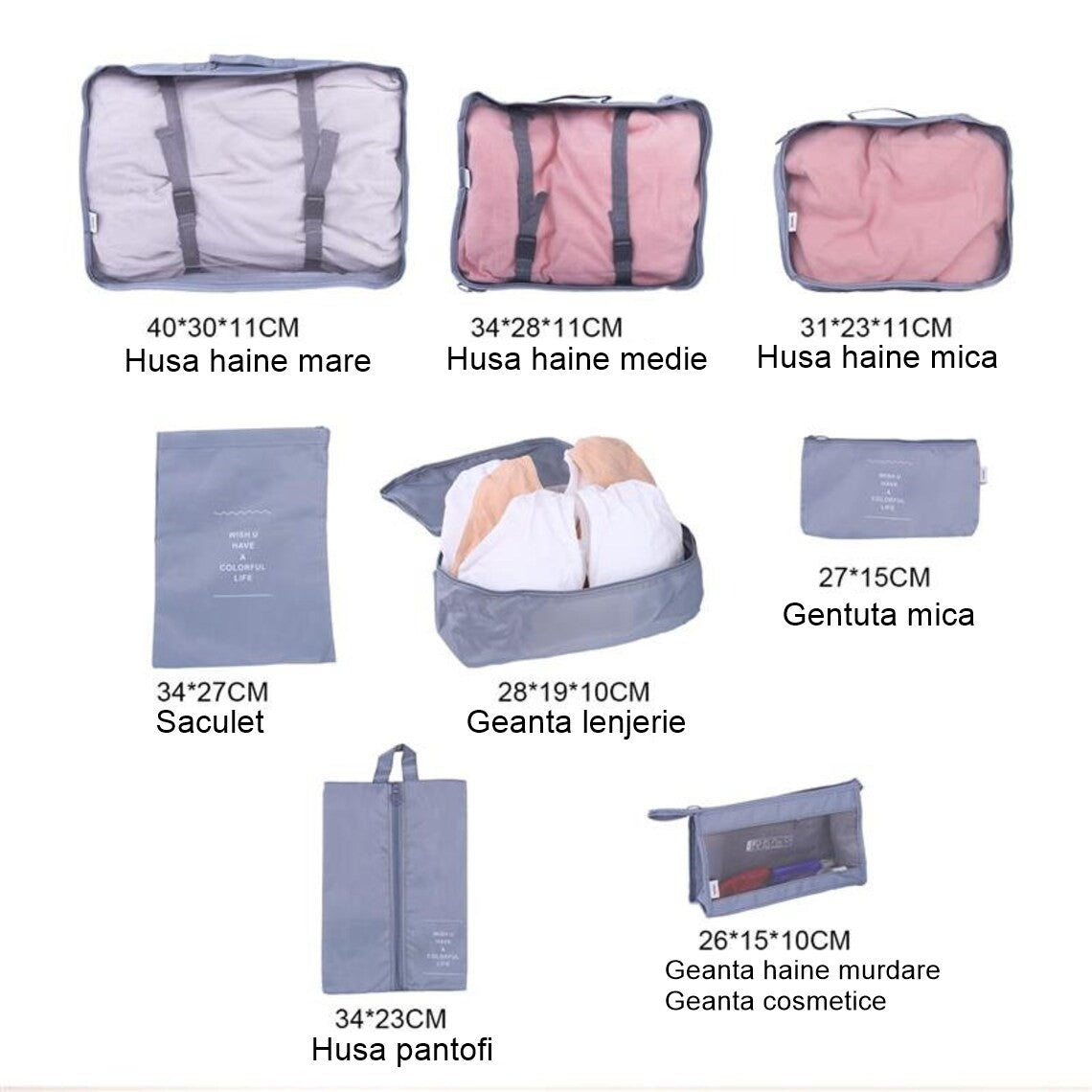 Set 8 huse organizare bagaj Flippy, material poliester, impermeabil, cu fermoar, pentru calatorii sau dulap, sac pentru