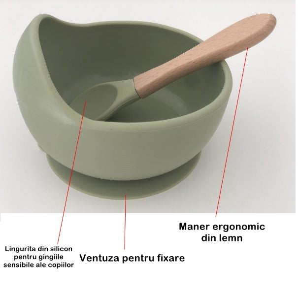 Set 8 piese diversificare bebelusi si copii din silicon Flippy, baveta, farfurie compartimentata cu ventuza, bol cu