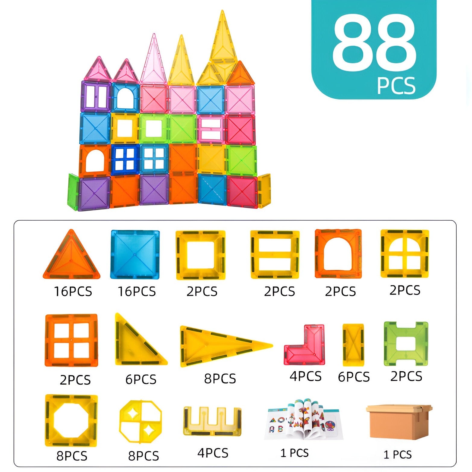 Set 88 Piese Magnetice de Constructie, Flippy, Piese 5.5 cm, Magnetic Tiles, Forme Geometrice, 3 Ani, ABS, Magnet, 27.5