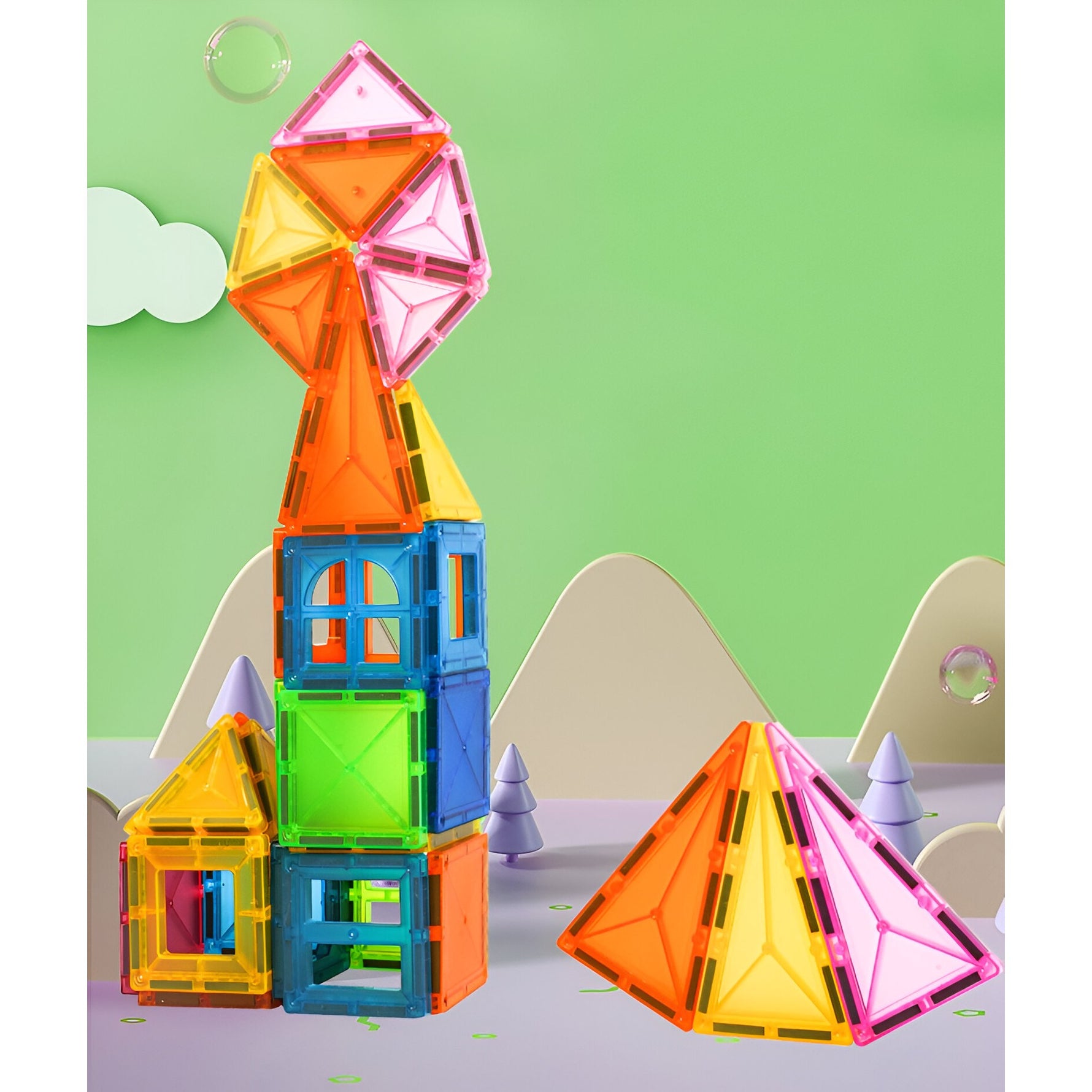Set 88 Piese Magnetice de Constructie, Flippy, Piese 5.5 cm, Magnetic Tiles, Forme Geometrice, 3 Ani, ABS, Magnet, 27.5