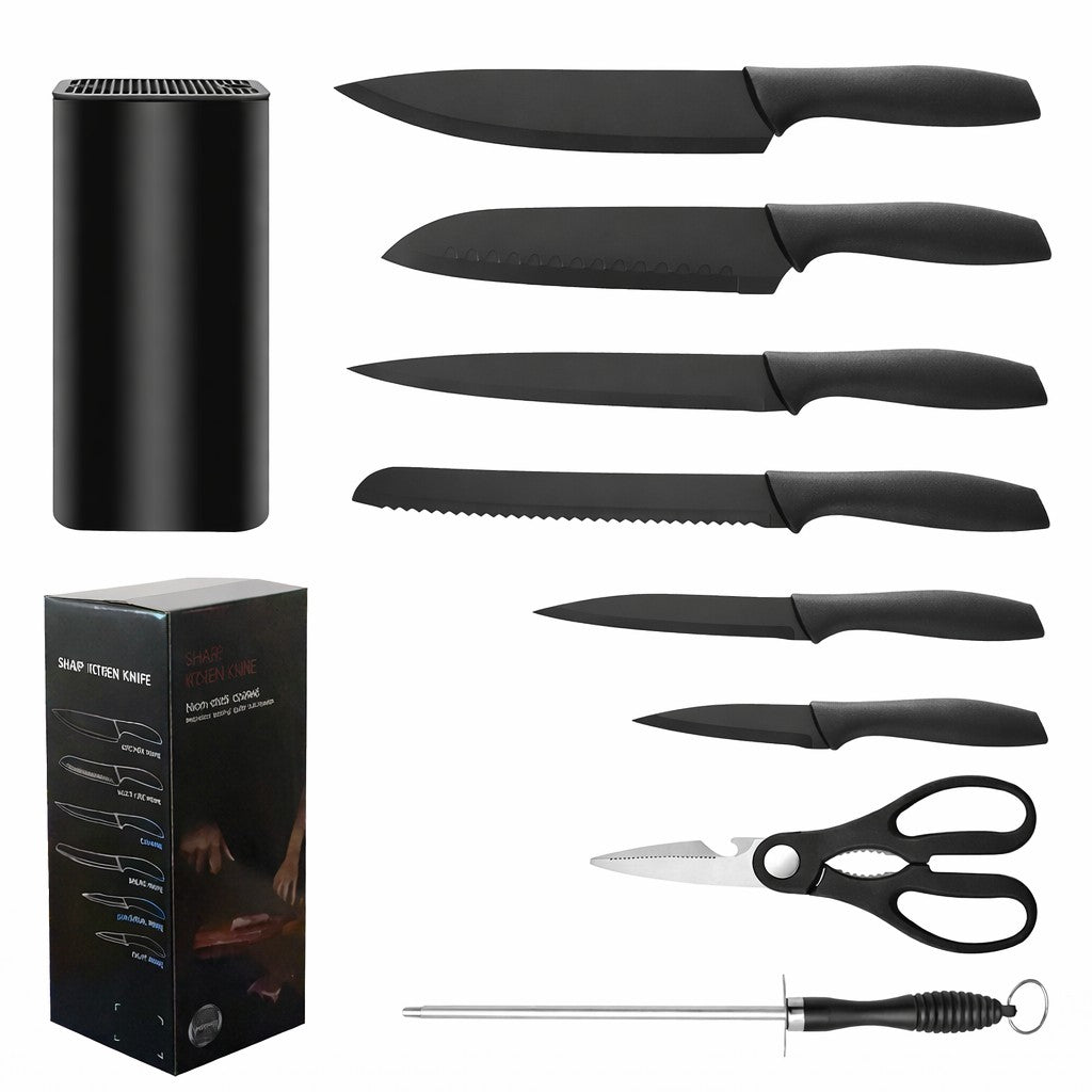 Cutite Bucatarie, Set 9 Piese, Flippy, Otel Inoxidabil cu Acoperire Antiaderenta, Suport Depozitare Inclus, 6 Cutite,
