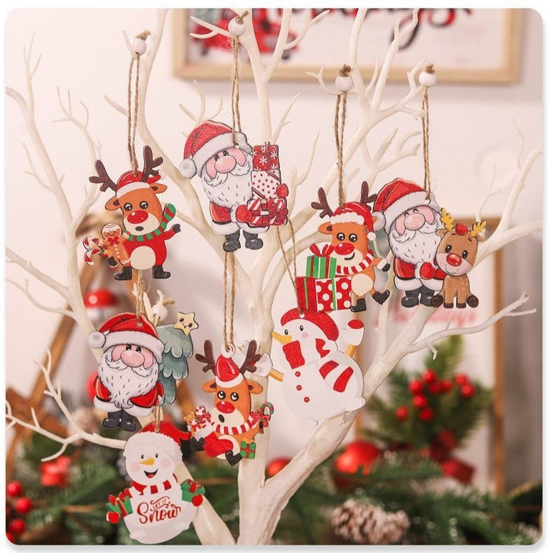 Set 9 Decoratiuni de Craciun din Lemn, Flippy, cu Snur pentru Agatare in Brad, 3 Modele, Model Mos Craciun cu Brad, Ren