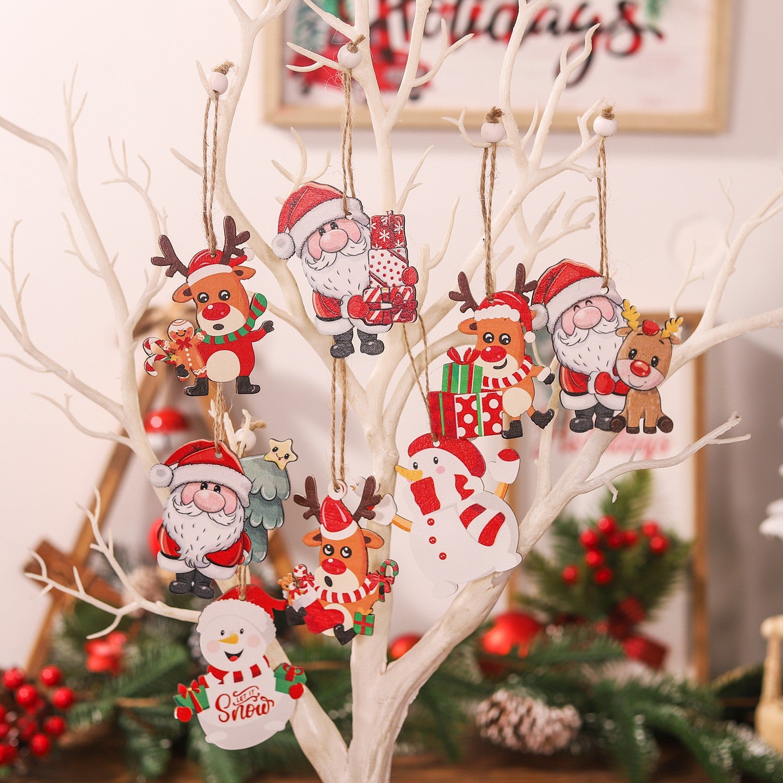 Set 9 Decoratiuni de Craciun din Lemn, Flippy, cu Snur pentru Agatare in Brad, 3 Modele, Model Mos Craciun cu Brad, Ren