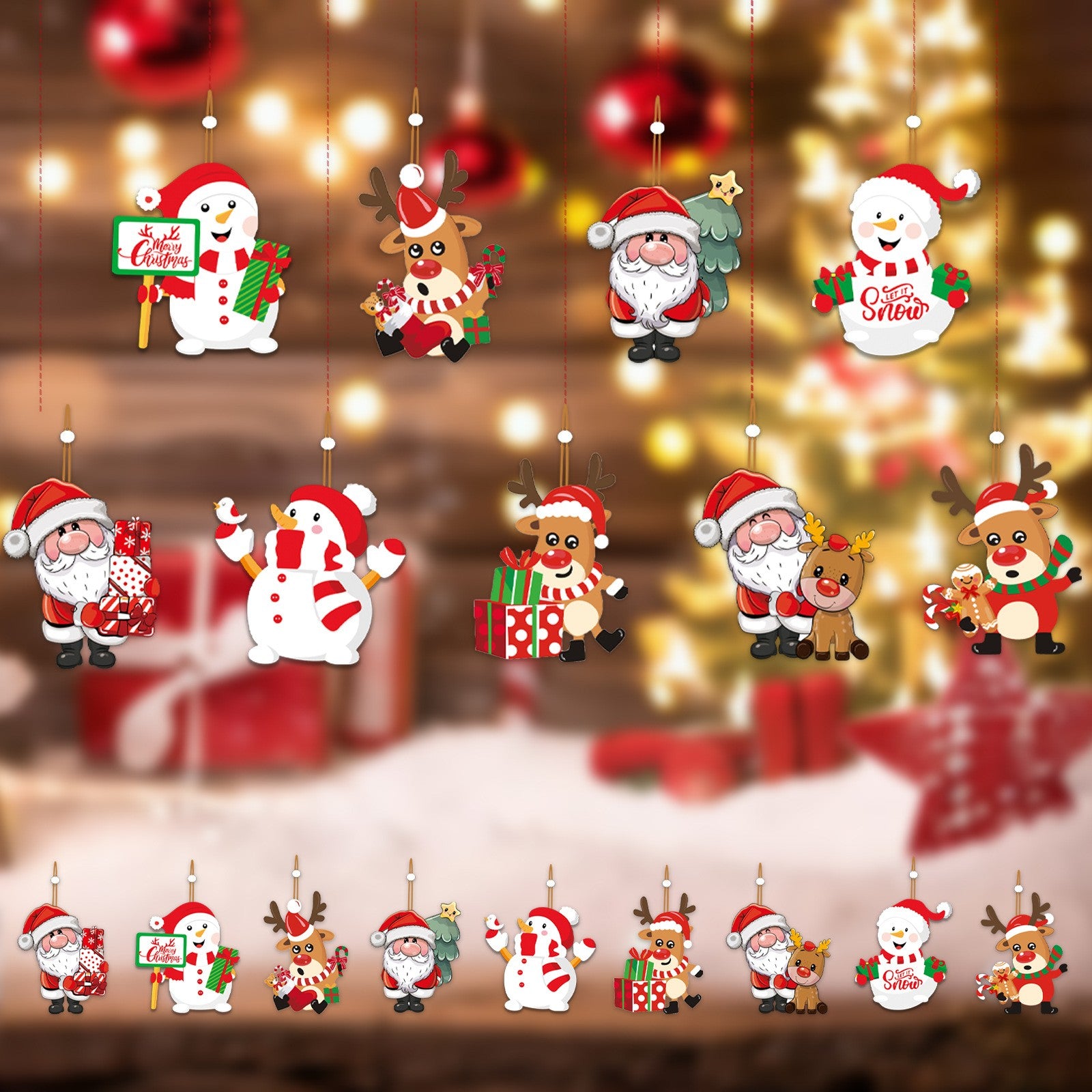 Set 9 Decoratiuni de Craciun din Lemn, Flippy, cu Snur pentru Agatare in Brad, 3 Modele, Model Mos Craciun cu Brad, Ren
