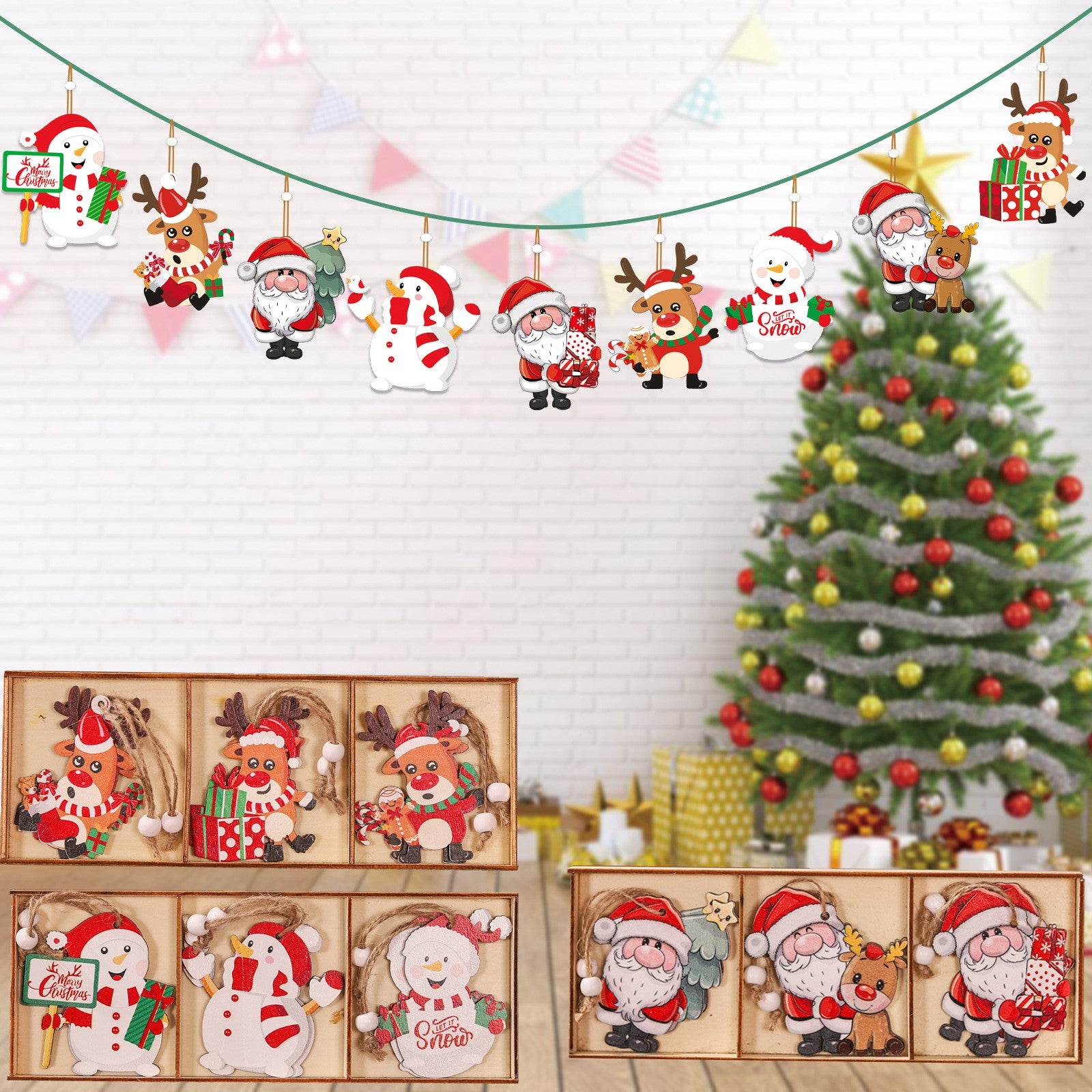 Set 9 Decoratiuni de Craciun din Lemn, Flippy, cu Snur pentru Agatare in Brad, 3 Modele, Model Mos Craciun cu Brad, Ren