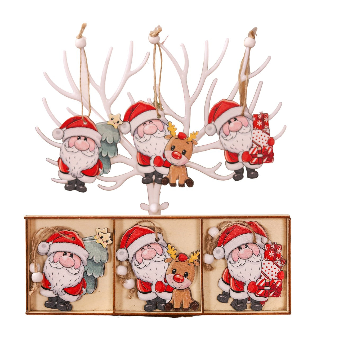 Set 9 Decoratiuni de Craciun din Lemn, Flippy, cu Snur pentru Agatare in Brad, 3 Modele, Model Mos Craciun cu Brad, Ren