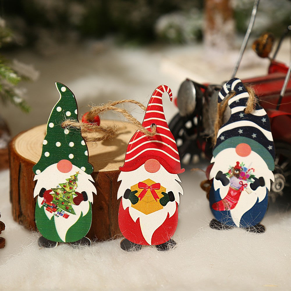 Set 9 Decoratiuni de Craciun din Lemn, Flippy, cu Snur pentru Agatare in Brad, 3 Modele Mos Craciun Diferite