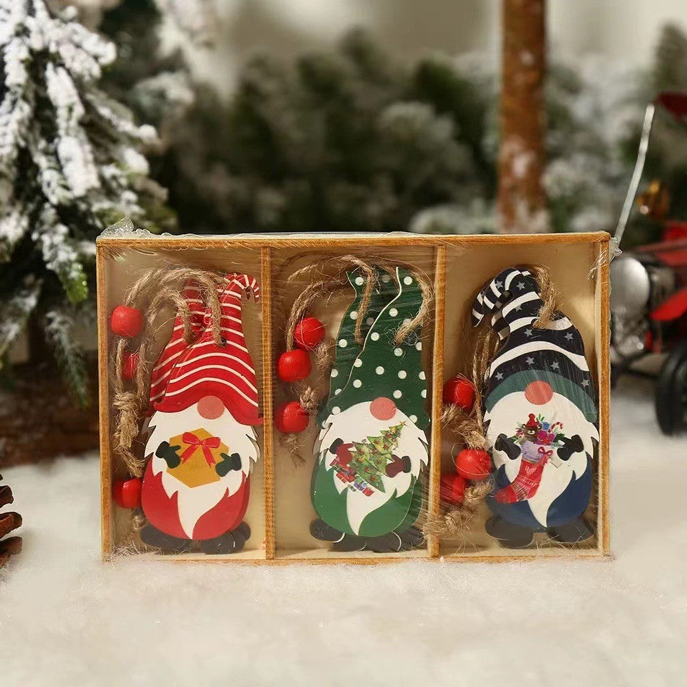 Set 9 Decoratiuni de Craciun din Lemn, Flippy, cu Snur pentru Agatare in Brad, 3 Modele Mos Craciun Diferite