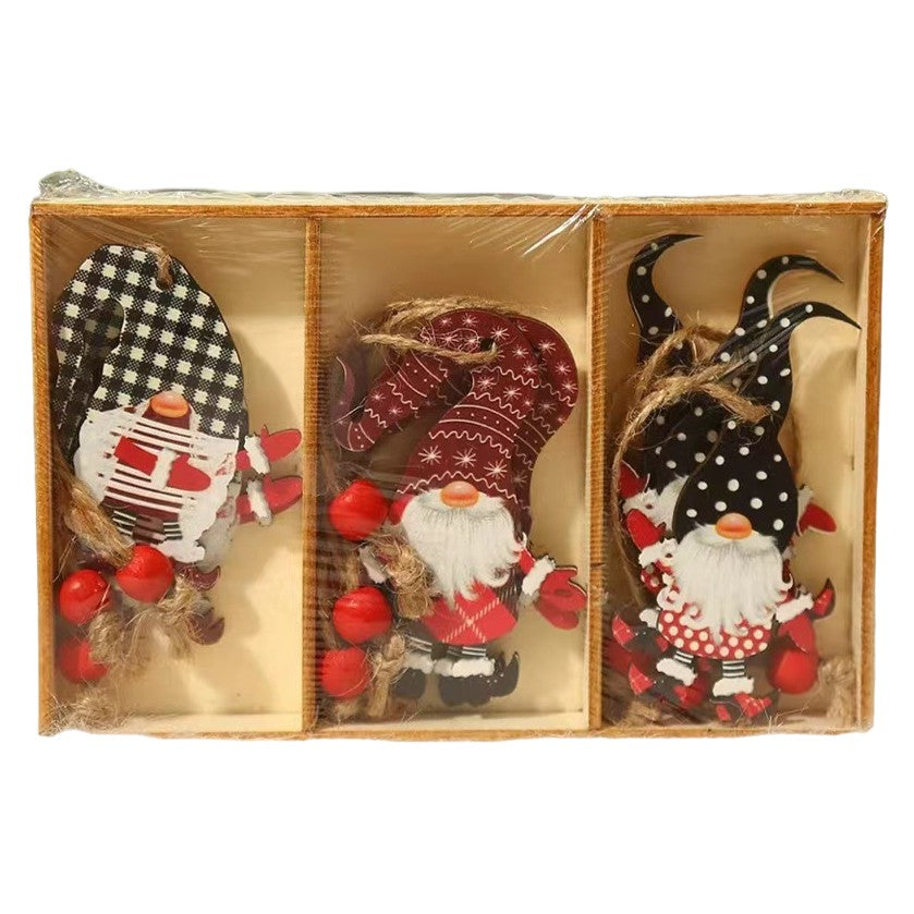 Set 9 Decoratiuni de Craciun din Lemn, Flippy, cu Snur pentru Agatare in Brad, Model Mos Craciun Diferite Dimensiuni, 3