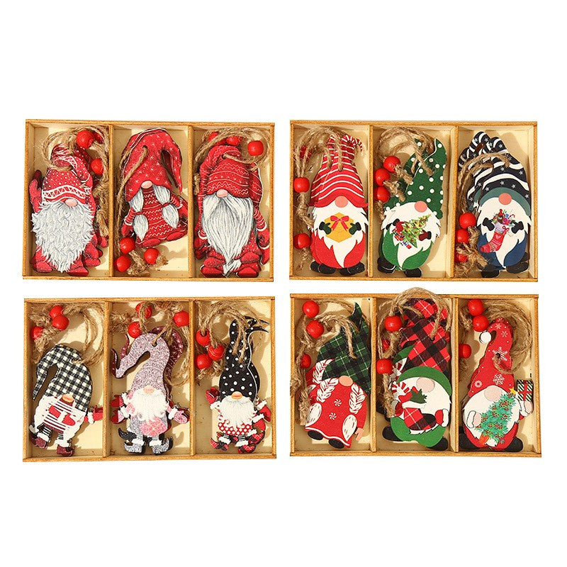 Set 9 Decoratiuni de Craciun din Lemn, Flippy, cu Snur pentru Agatare in Brad, Model Mos Craciun Pitic Diferite