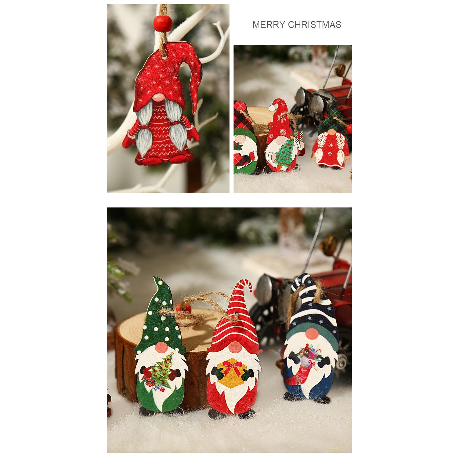 Set 9 Decoratiuni de Craciun din Lemn, Flippy, cu Snur pentru Agatare in Brad, Model Mos Craciun Pitic Diferite