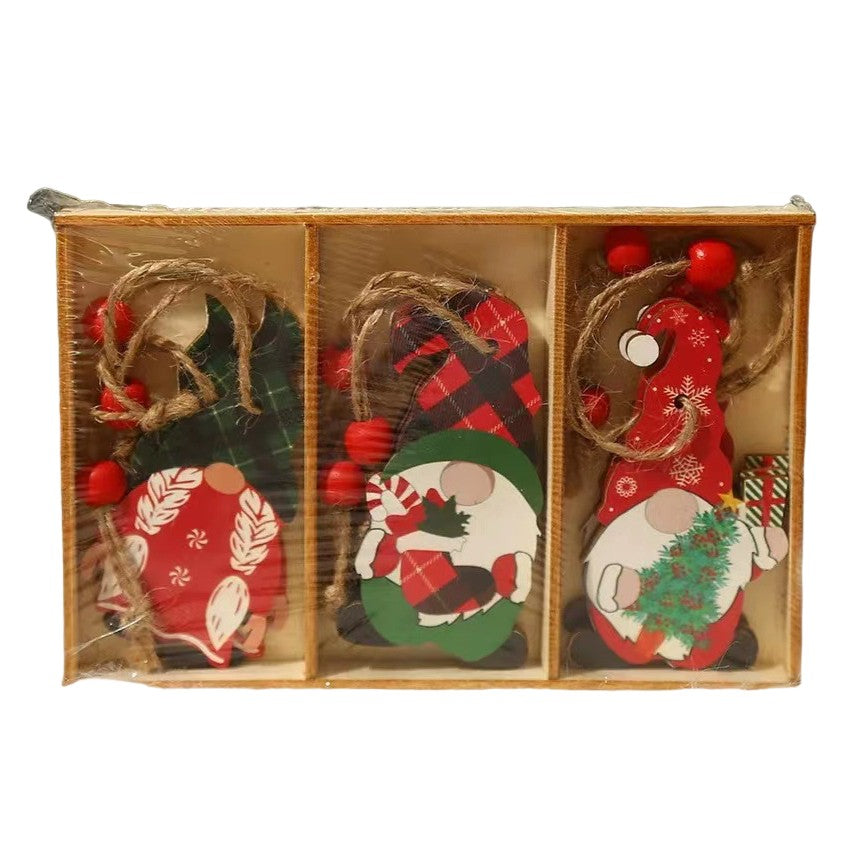 Set 9 Decoratiuni de Craciun din Lemn, Flippy, cu Snur pentru Agatare in Brad, Model Mos Craciun Pitic Diferite