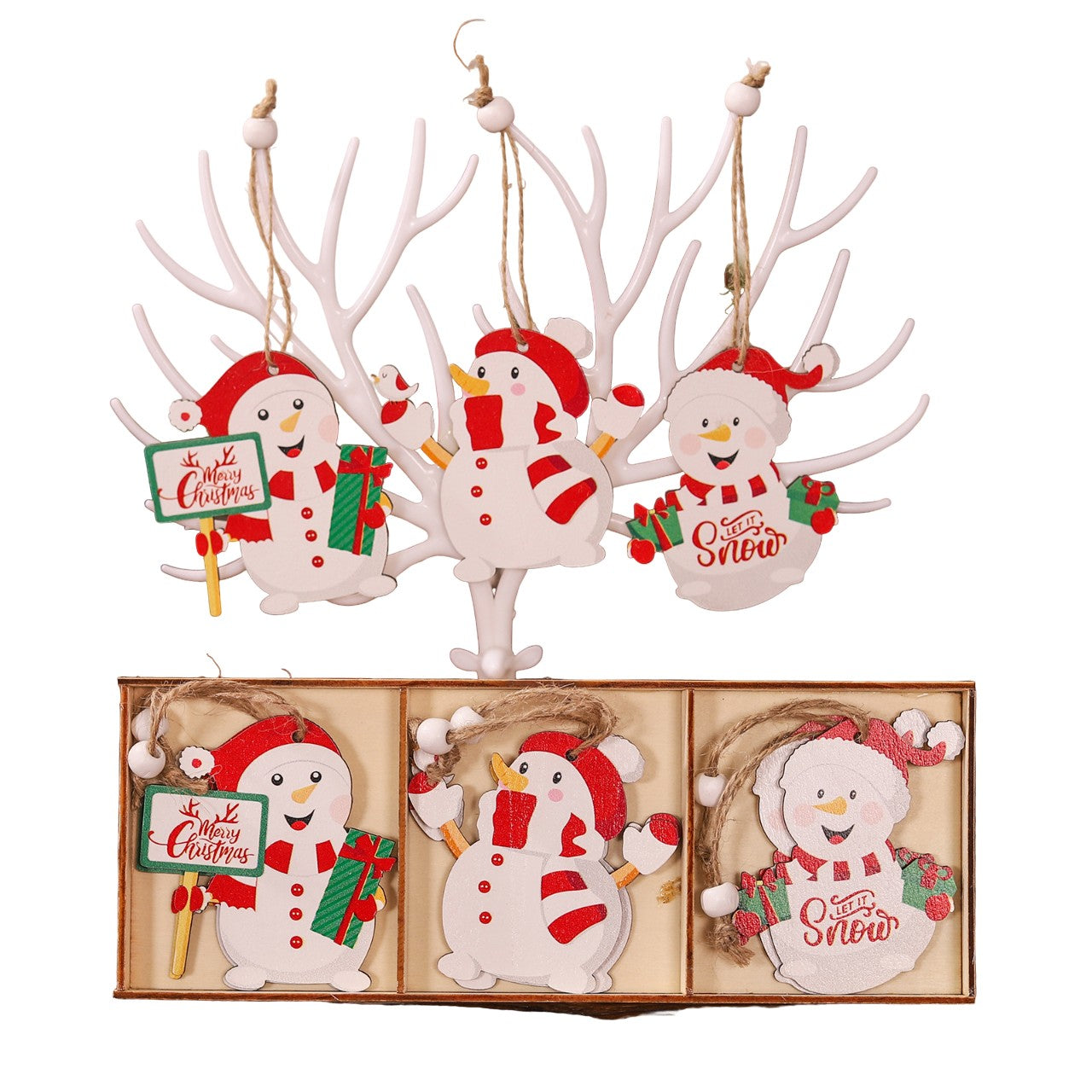Set 9 Decoratiuni de Craciun din Lemn, Flippy, cu Snur pentru Agatare in Brad, Model Oameni de Zapada, 3 Modele,