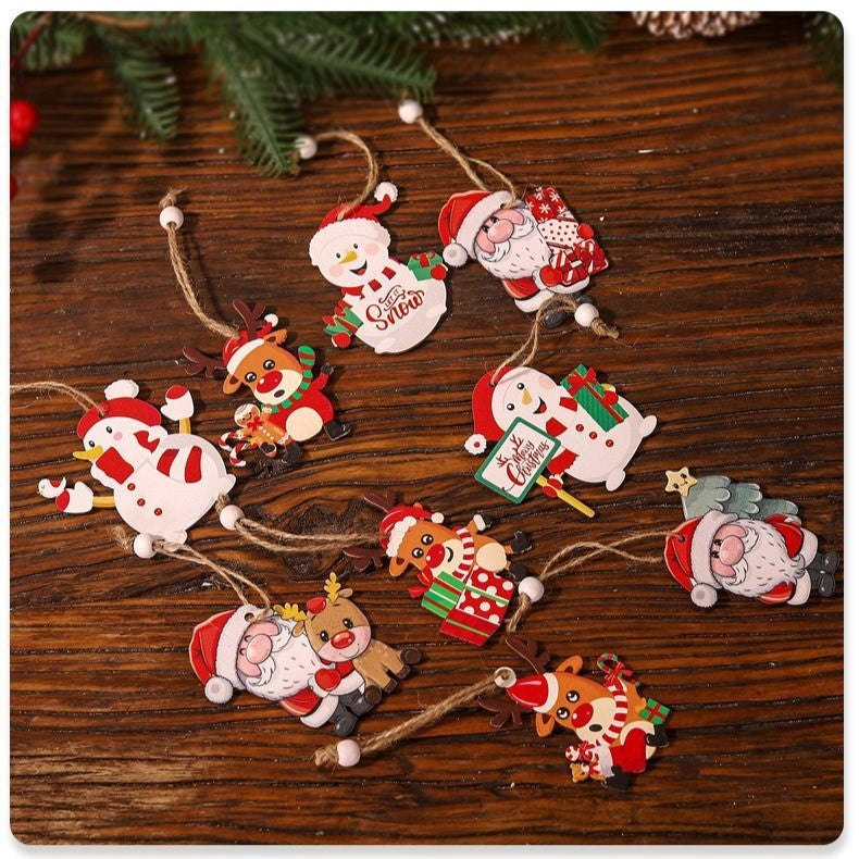 Set 9 Decoratiuni de Craciun din Lemn, Flippy, cu Snur pentru Agatare in Brad, Model Reni, 3 Modele, Diferite