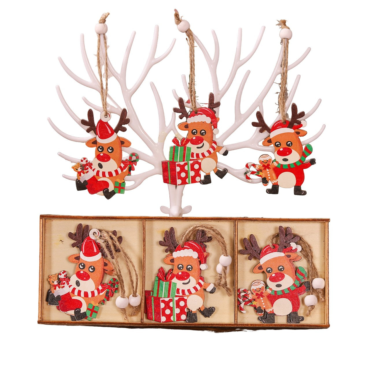 Set 9 Decoratiuni de Craciun din Lemn, Flippy, cu Snur pentru Agatare in Brad, Model Reni, 3 Modele, Diferite