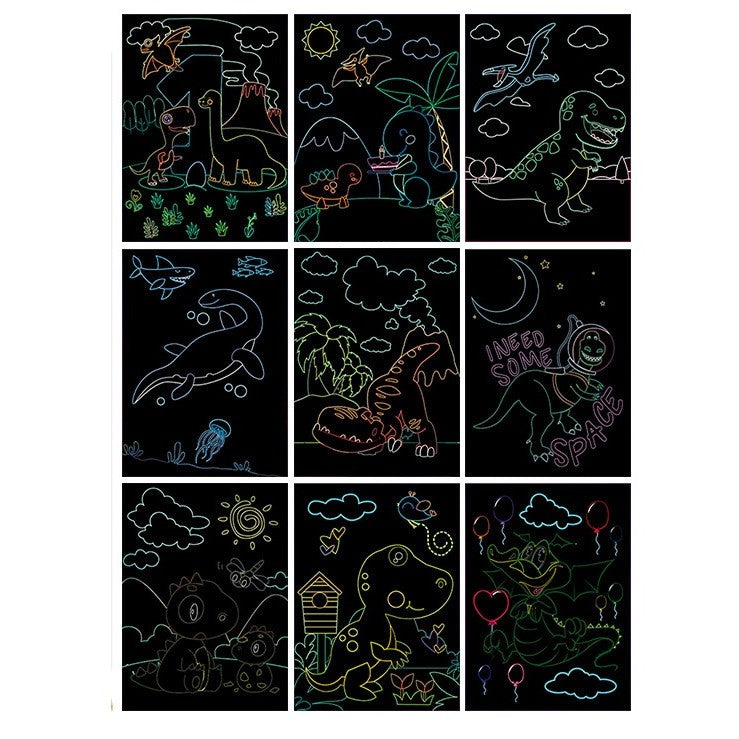 Set 9 Planse Razuibile, Flippy, Scratch ArtCards, +3 Ani, de Razuit si de Colorat, 19 x 14 cm, Model Dinozauri,