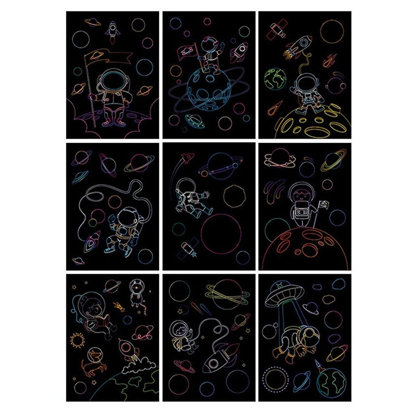 Set 9 Planse Razuibile, Flippy, Scratch ArtCards, +3 Ani, de Razuit si de Colorat, 19 x 14 cm, Model Spatiu Cosmic,