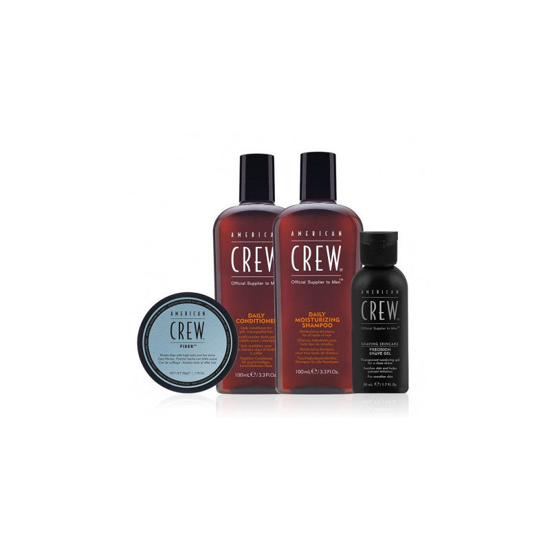 Essential Set American Crew: Daily, Hair Conditioner, For Moisturizing, 100 ml + Daily, Hair Shampoo, Moisturising, 100 ml + Fiber, Hair Styling Pomade, For Styling, Strong Hold, 50 ml + Precision, Soothing, Shaving Gel, 50 ml - Olmarkt