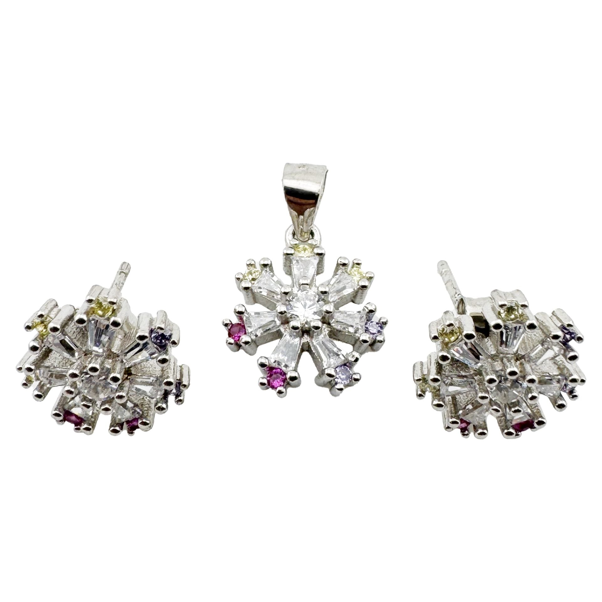 Set Pandativ cu Cercei pentru Dama, Jolie, Argint 925, Model Floare cu Margini Colorate, 4.48 g, 1.5 cm x 1.7 cm,