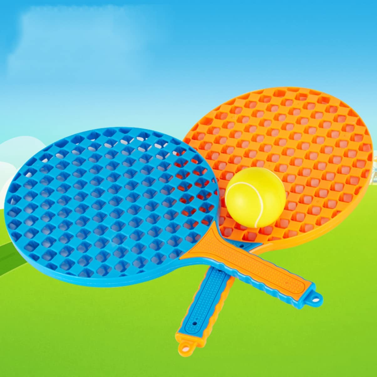 Set Badminton pentru Copii, Flippy, 2 Palete, 3 Mingi, Pentru Joaca si Antrenament, Albastru Portocaliu