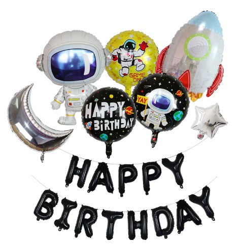 Set baloane aniversare 8 piese, Flippy, tematica HAPPY BIRTHDAY, Figurine Astronaut Racheta, 1 luna, 1 stea, 3 baloane