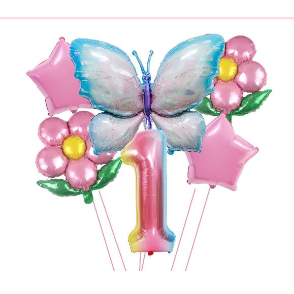 Set baloane aniversare cu numere, din folie de aluminiu, 6 piese, 2 flori, 2 stelute, 1 fluture, 1 cifra, Multicolor,