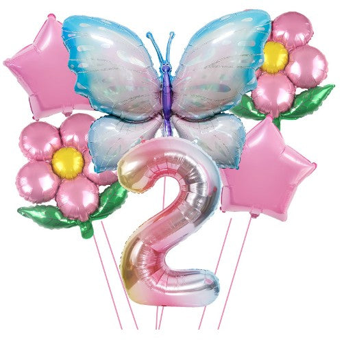 Set baloane aniversare cu numere, din folie de aluminiu, 6 piese, 2 flori, 2 stelute, 1 fluture, 1 cifra, Multicolor,
