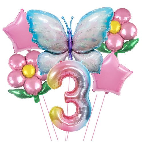 Set baloane aniversare cu numere, din folie de aluminiu, 6 piese, 2 flori, 2 stelute, 1 fluture, 1 cifra, Multicolor,