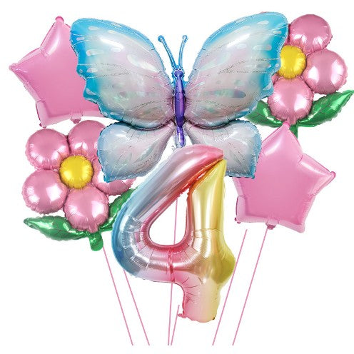 Set baloane aniversare cu numere, din folie de aluminiu, 6 piese, 2 flori, 2 stelute, 1 fluture, 1 cifra, Multicolor,
