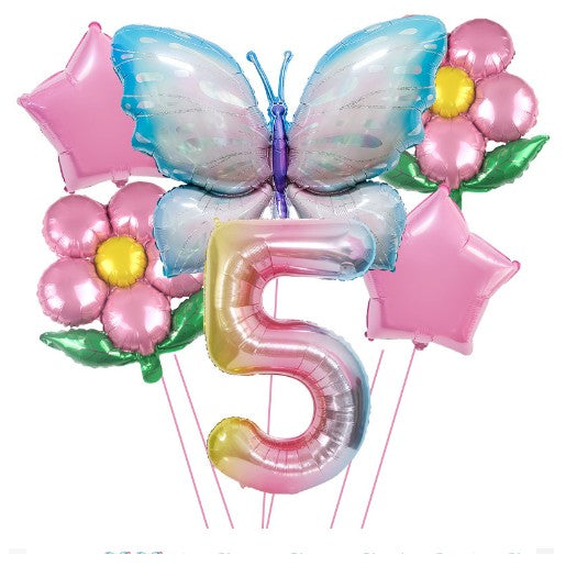 Set baloane aniversare cu numere, din folie de aluminiu, 6 piese, 2 flori, 2 stelute, 1 fluture, 1 cifra, Multicolor,