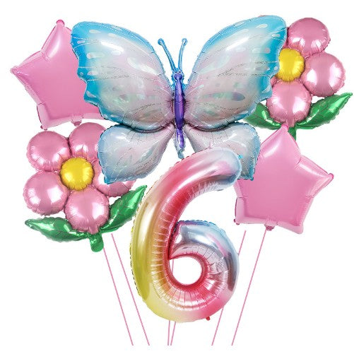 Set baloane aniversare cu numere, din folie de aluminiu, 6 piese, 2 flori, 2 stelute, 1 fluture, 1 cifra, Multicolor,