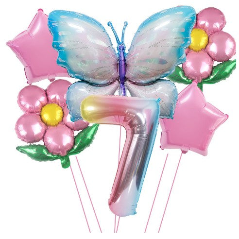 Set baloane aniversare cu numere, din folie de aluminiu, 6 piese, 2 flori, 2 stelute, 1 fluture, 1 cifra, Multicolor,