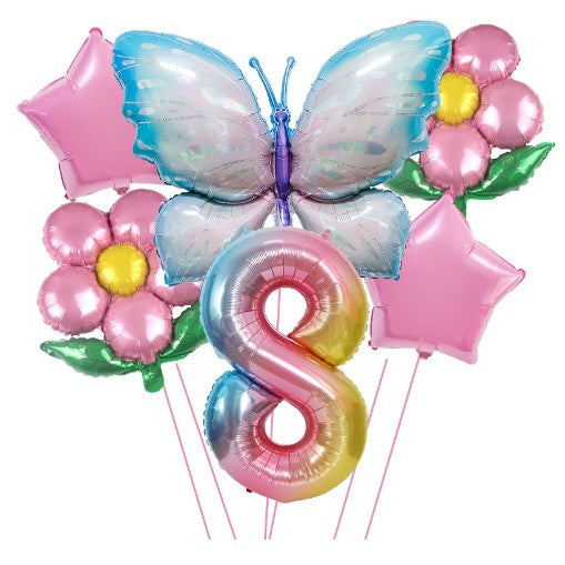 Set baloane aniversare cu numere, din folie de aluminiu, 6 piese, 2 flori, 2 stelute, 1 fluture, 1 cifra, Multicolor,