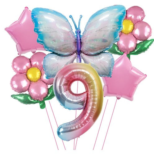 Set baloane aniversare cu numere, din folie de aluminiu, 6 piese, 2 flori, 2 stelute, 1 fluture, 1 cifra, Multicolor,