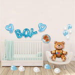 Set 25 Baloane, Flippy, din Latex si Folie de Aluminiu, Model Ursulet/Boy, Diferite Marimi, Albastru