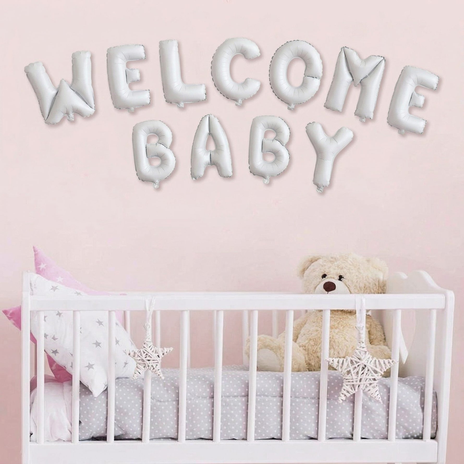 Set Baloane din Folie Metalizata, Flippy, Figurine Litere, Model Welcome Baby, Tema Aniversare, 40 cm, Ambalaj